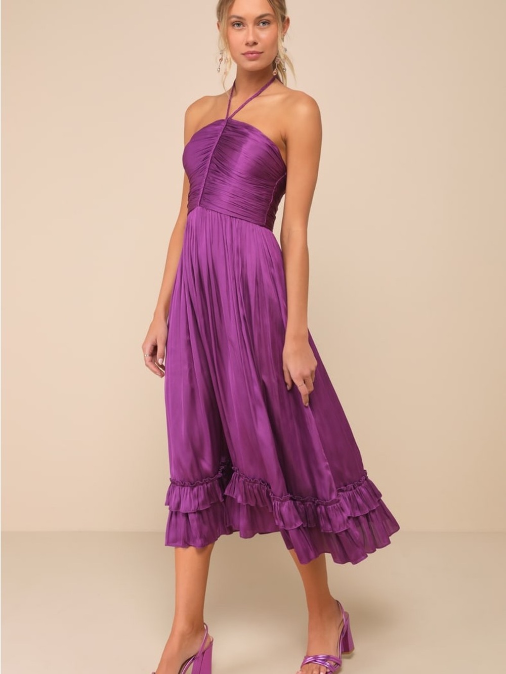 Lulus Pleasing Chicness Purple Satin Halter Tiered Midi Dress